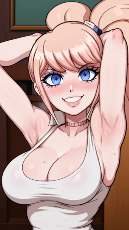 masterpiece, best quality, looking at viewer, upper body, portrait, looking at viewer, seductive smile, put your hands behind your head, armpits, armpits visible, sweaty armpits, Junko Enoshima, very large breasts, blonde hair, blue eyes , wearing white ta...