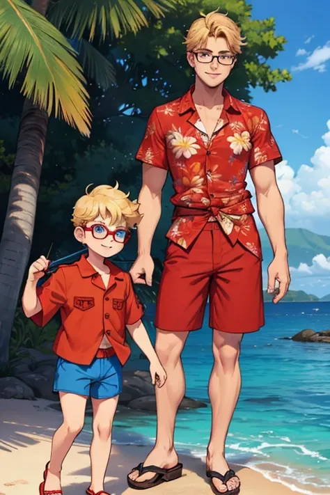 male, blonde short hair, blue eyes, (((1boy))), (((red Hawaiian shirt))), (black swimming trunks), (sandals), (glasses) long legs, smiling