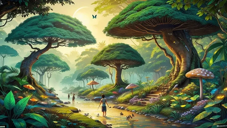 the main body is a big tree，the jungle book，lots of mushrooms，butterfly，hue green