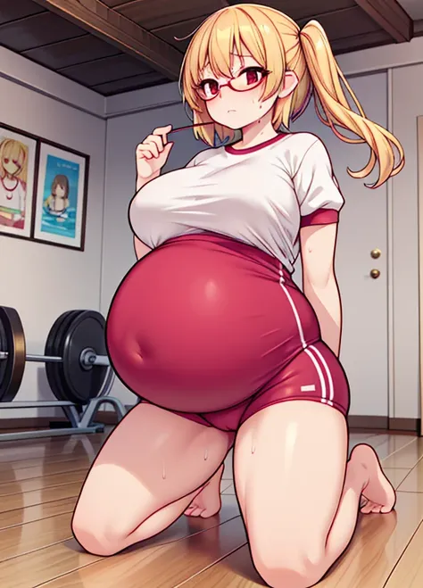 (masterpiece, best quality, highly detailed), 1girls, big belly, huge belly, art by kipteitei, round belly, chubby, curvy, belly grab, enormous belly, fat belly, thicc, bigger belly, really big belly, jiggly belly, (pregnant), glasses, gym clothes, barefoo...