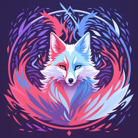 Animal Instinct with primarily vivid-red color palette with pink dark-gray-blue white and purple with background  in fox art style
