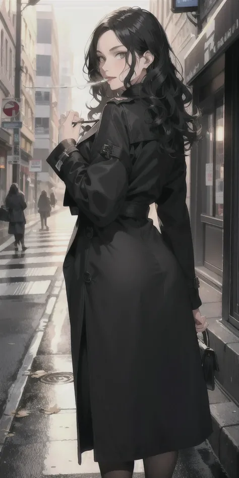 Mature woman, wavy hair, black hair, mature face, hot face, sharp eyes, sharp gaze, big ass, trench coat, black skirt, night, sidewalk, cigarette in mouth, smoking, close view, ((turn around and look back))