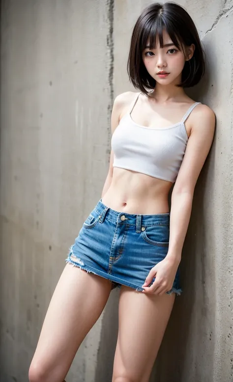 1girl, 18 years old busty woman, shy, 🕶️, black hair, bob_cut, 🧢, bangs, pink blush, white tank top with thin strap, cleavage, big , small waist, denim, denim mini skirt, thicc_thighs
thighs, legs, knees, perfect fingers, abandoned house, nightime, back ag...