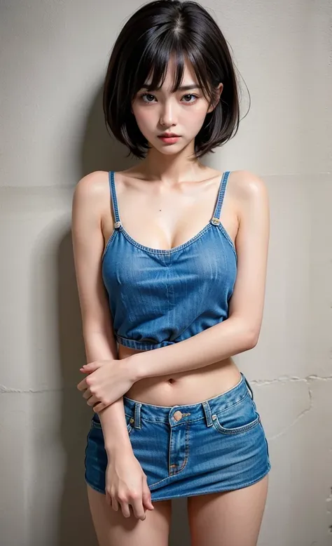 1girl, 18 years old busty woman, shy, 🕶️, black hair, bob_cut, 🧢, bangs, pink blush, white tank top with thin strap, cleavage, big , small waist, denim, denim mini skirt, thicc_thighs
thighs, legs, knees, perfect fingers, abandoned house, nightime, back ag...