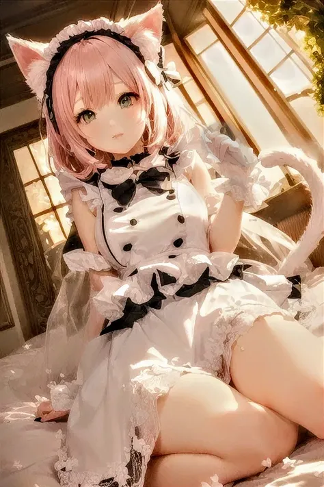 anime girl in a white dress with a cat ears and a black bow, anime cat girl in a Maid costume, Catboy Cosplay! Maid! dress, Very Beautiful Anime Cat Girl, anime girl in a Maid costume, Maid outfit, Very beautiful cute cat girl, Maid dress, gorgeous Maid, B...