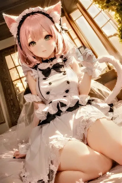 anime girl in a white dress with a cat ears and a black bow, anime cat girl in a Maid costume, Catboy Cosplay! Maid! dress, Very Beautiful Anime Cat Girl, anime girl in a Maid costume, Maid outfit, Very beautiful cute cat girl, Maid dress, gorgeous Maid, B...