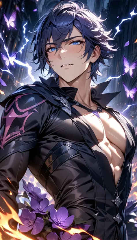 absurdres, highres, ultra detailed, HDR, masterpiece, extremely detailed face and eyes, Chrom, dark blue hair, short hair, expressive blue eyes, fire emblem awakening, solo, sexy man, handsome, black clothes, toned chest, purple butterflies, purple petals,...