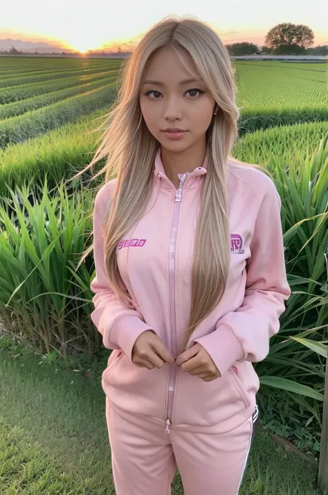 gyaru, dark-skinned, shiny oiled skin, blond hair, wearing pink tracksuits, standing in the rice field, at sunset