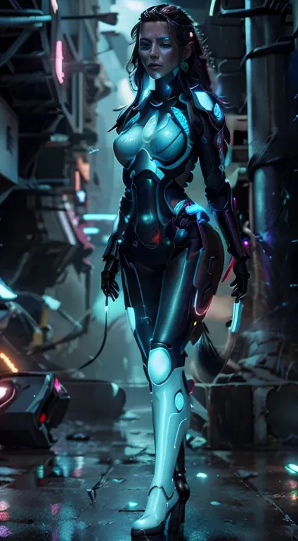 full body woman in cyberpunk cyti walking glowing neon stripes on the dress's boots, vibrant color, cyberpunk style, ultra reali...