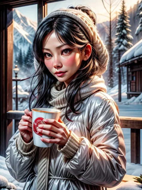 {Lucy Liu, linda, neve, frio, cachecol, toca, big white cup.