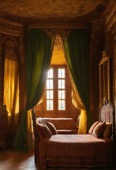 quarto principal do castelo, the walls are covered with paintings and tapestries, the large four-poster sandalwood bed with yellow curtains, windows are pine with green curtains, uma mesa de cedro redonda com quatro cadeiras com almofadas em tons de marrom...