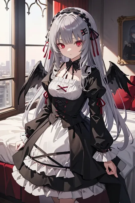 masterpiece, highest quality, high resolution, 1 12-year-old girl、red eyes、
gray hair、straight long hair、luxury bedroom、sui1, su...