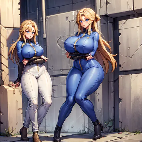 Vault-girl, vault 111 jumpsuit, 1girl, bursting breasts, breast expansion, large breasts, crossed arms, vibrant blue eyes, blushing, long blonde hair,