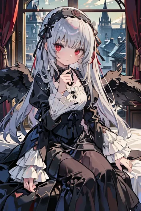 masterpiece, highest quality, High resolution, 1 12-year-old girl、Red eyes、
Gray Hair、Straight Long Hair、Luxury Bedroom、sui1, suigintou, Gothic Dress, Flower Hair Ornaments, Long sleeve, gothic hair band, ribbon, Black Dress, Black wings