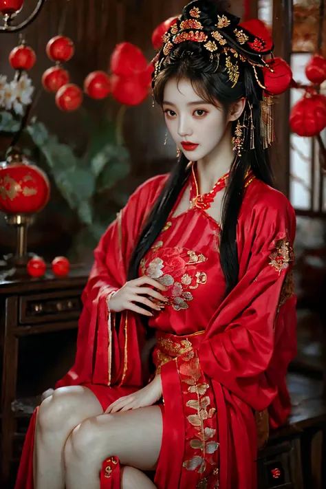 1 girl, 20 years old, center, black long hair, red lips, perfect thighs, chinese queen, gold embroidered clothing, red cheongsam...