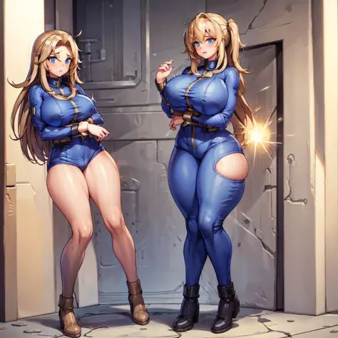 Vault-girl, vault 111 jumpsuit, 1girl, bursting breasts, breast expansion, large breasts, crossed arms, vibrant blue eyes, blushing, long blonde hair,