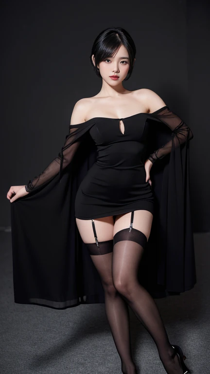 (8k, RAW Photos, highest quality, masterpiece: 1.2), Very detailed, Super Resolution, (Genuine, Genuine photos: 1.37),  mini skirt，Black tie，Black Stockings，High heels，black knit dress，black cape，western style house，(see-through dress)，((Short Crop Hair))，