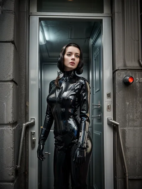 alien-like woman in latex suit standing in doorway, as a retro-future heroine, sci-fi movie stills, ファンタジーmovie stills, black le...