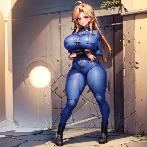 Vault-girl, vault 111 jumpsuit, 1girl, bursting breasts, breast expansion, large breasts, crossed arms, vibrant blue eyes, blushing, long blonde hair,