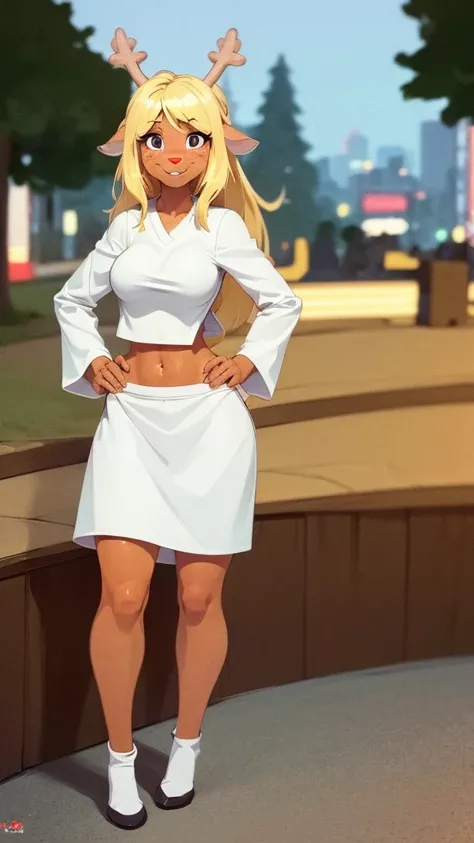 (noelle, furry female anthro, blonde hair, deer girl, red deer nose, white eyes, white pupils, white nurse outfit, big breasts, midriff), blushing, hands on hips, wide hips, green neon city, smiling