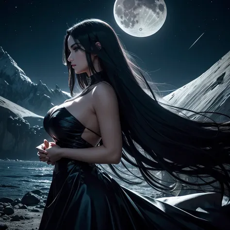 Goddess face, left side view, starring the moon, dark night scene, glamorous face, HD, surrealism, extreme color, long hair blows, seductive, cinematic portrait, transparent dress, hold up hands, beautiful body silhouette