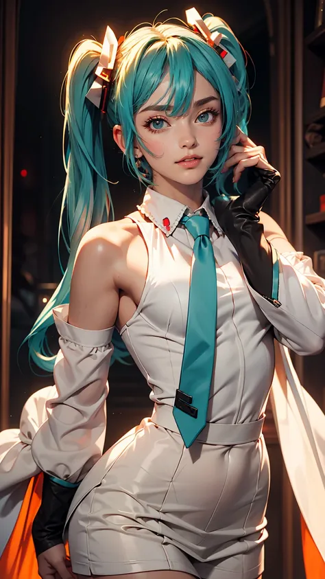 masterpiece, Hatsune Miku, White shirt, Blue tie, Exposing shoulders, The sleeves are separated, Evil Smiley Face, Dark Skin, Red eyes, Iris, Pupil orange,White woman、Sexy figure