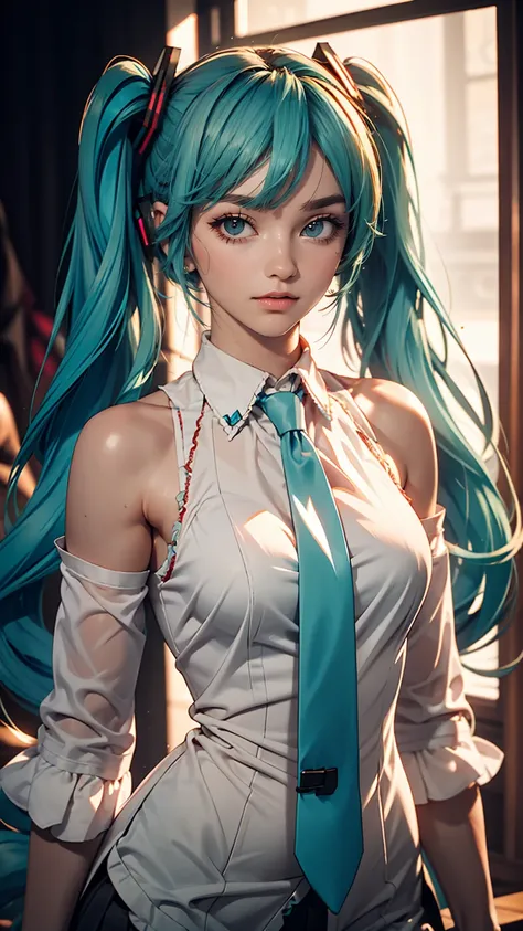 masterpiece, Hatsune Miku, White shirt, Blue tie, Exposing shoulders, The sleeves are separated, Evil Smiley Face, Dark Skin, Red eyes, Iris, Pupil orange,White woman、Sexy figure