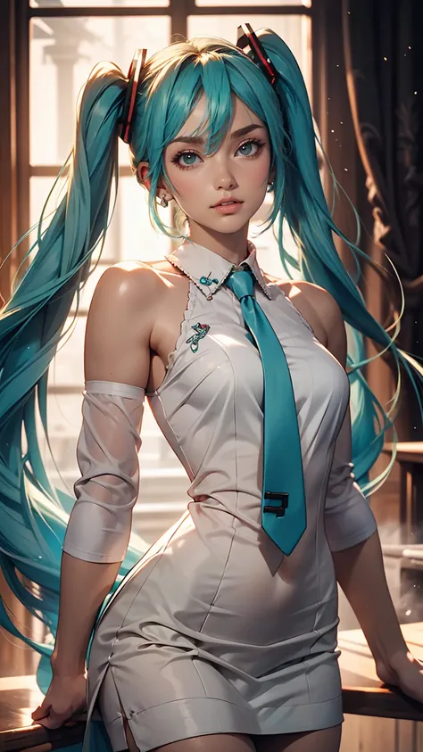 masterpiece, Hatsune Miku, White shirt, Blue tie, Exposing shoulders, The sleeves are separated, Evil Smiley Face, Dark Skin, Red eyes, Iris, Pupil orange,White woman、Sexy figure