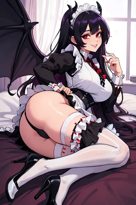 female, purple long hair, red eyes, (((1girl))), (((black maid uniform with white frills))), (white apron), (white thigh high socks), (black heels), demon tail, demon wings, cute and sexy, full body, large breasts, large butt, long legs, smiling