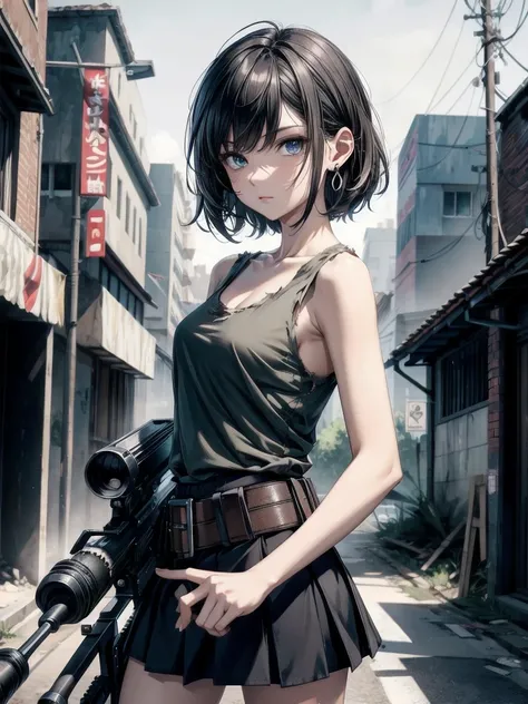 (torn clothes), tank top shirt, skirt, Anti-tank rifles, rocket launcher, Assault rifle, Beam rifle, hand gun, ruined building, absurdres, RAW photo, extremely delicate and beautiful, masterpiece, Best Quality, ultra high resolution, 32k, hyperrealistic, u...