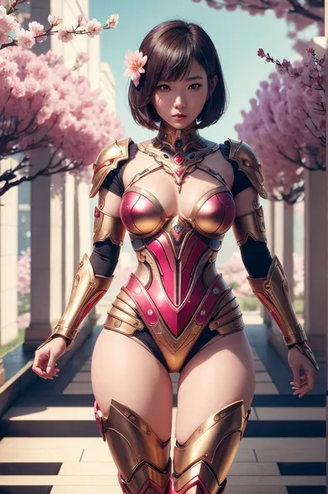 beautiful japanese young woman, wearing cyborg armor made of gold, thick symmetrical features, very short hair, background is cherry blossoms, pink aura, red lips, octane render, (Thick thighs:1.3)