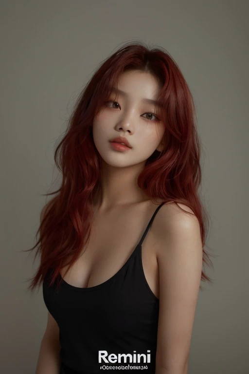 a woman Con cabello rojo and a black top posing for a picture, HWANG HYUNJIN , hermosa joven coreana, HYUNJIN HWANG, foto de perfil en la cabeza, retrato de hwang hyunjin stray kids, hermosa mujer surcoreana, pelo rojo vibrante ondulado, hermosa joven core...