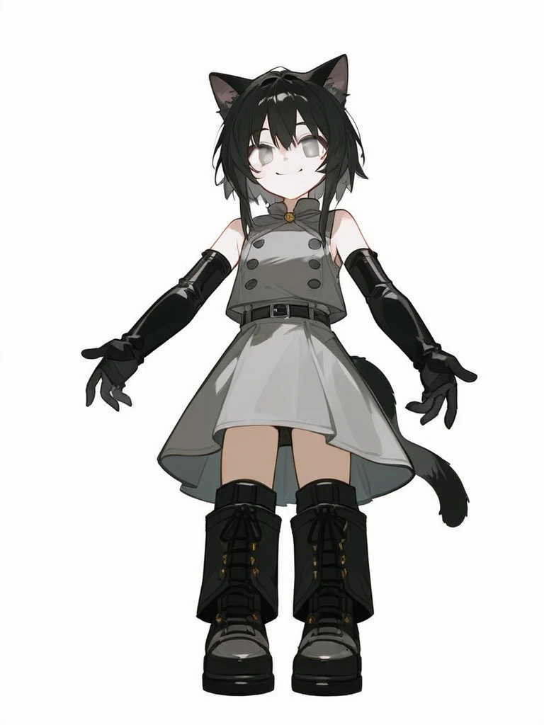 score_9, score_8_up, source_anime, masterpiece, best quality, BREAK 1girl, pale skin, cat ears, cat tail. grey shirt, grey skirt shorts, black hair, grey eyes, elbow gloves, boots, smile, rating_safe