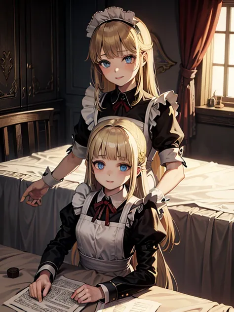 (8k, highest quality, Tabletop:1.2)、Ultra-high resolution, One 14-year-old girl, Perfect Fingers, Detailed face, blue eyes, Blonde, Straight Hair, Long Hair, Black maid outfit,  Inside the castle, Bedroom、Making the bed