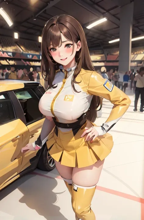 One woman standing solo, /(Grid Girls/) /(Yellow costume with logo/) mini skirt, Mature Woman, /(Brown Hair/) bangs, A gentle blushing smile, (Masterpiece of the highest quality:1.2) Delicate illustrations, super detailed, Big Breasts, Thigh High Boots Bre...