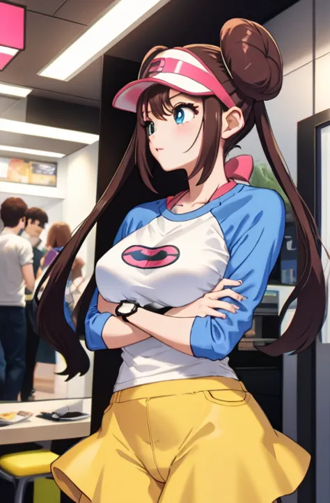 perfect eyes:1.2, fine grain:1.4, ro1, hair bun, bubble tea challenge, straw, arms crossed, blue eyes, twin tails, visor cap, pa...