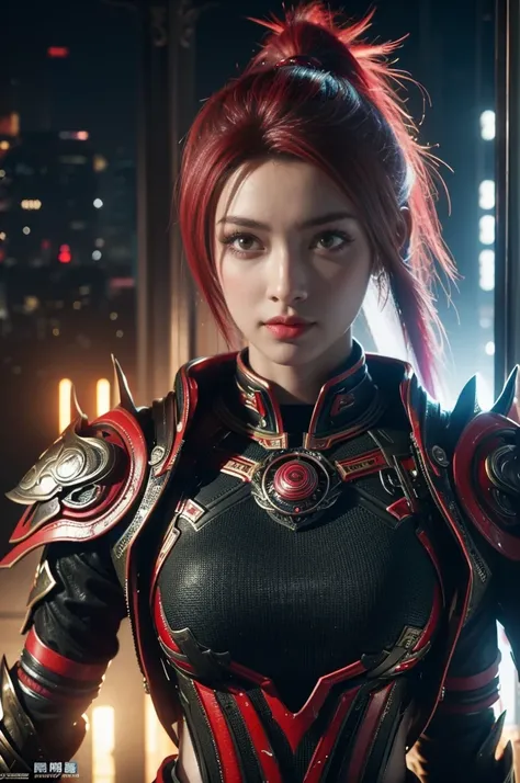 Game Art，Best picture quality，Maximum resolution，8K，((A bust photo))，((portrait))，((Head close-up))，(Rule of Thirds)，Unreal Engine 5 rendering works， (Future Girl)，(Female Warrior)， 22-year-old young hacker)，(Rainbow hair，Oriental hairstyle)，((Red pupils:1...