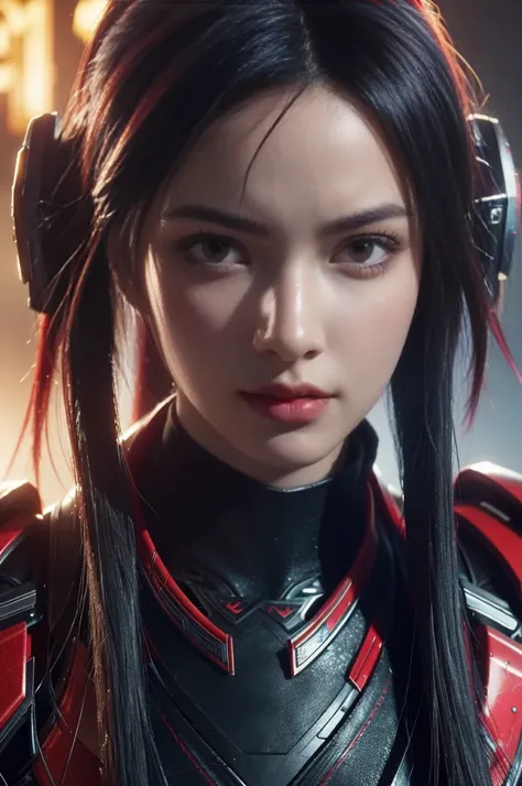 Game Art，Best picture quality，Maximum resolution，8K，((A bust photo))，((portrait))，((Head close-up))，(Rule of Thirds)，Unreal Engine 5 rendering works， (Future Girl)，(Female Warrior)， 22-year-old young hacker)，(Rainbow hair，Oriental hairstyle)，((Red pupils:1...