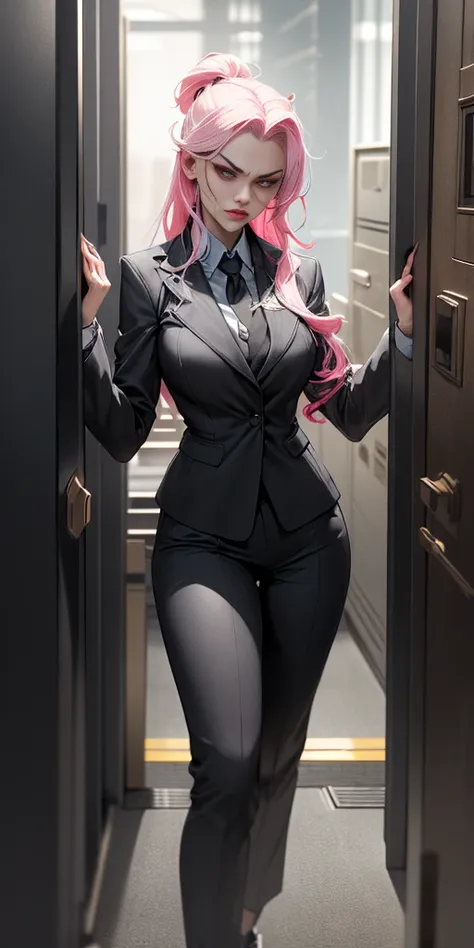 a pink-haired girl boss of the mafia,dark atmosphere,hidden weapons,high-end luxury cars,strategic meeting,secret hideout,heavy ...