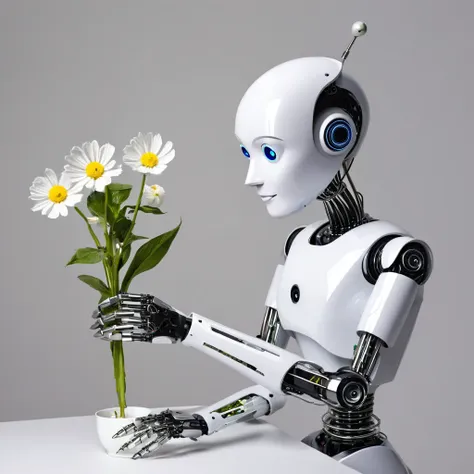 a clock work robot, humanoid, picks a flower and studies it