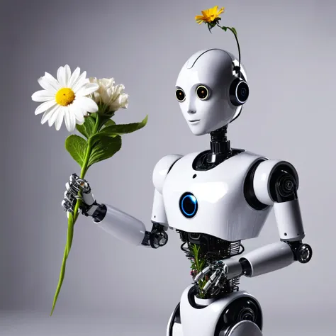 a clock work robot, humanoid, picks a flower and studies it