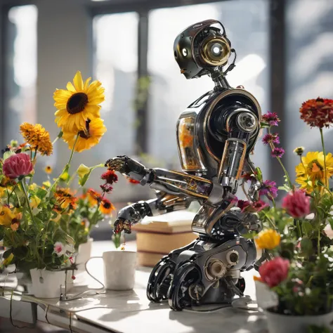 A clock work robot, humanoid, picks a flower and studies it