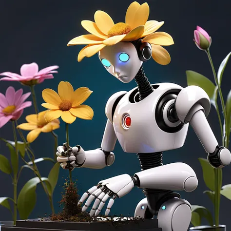 a clock work robot, humanoid, picks a flower and studies it