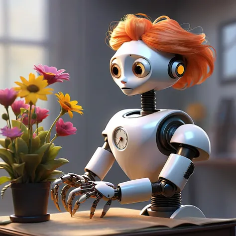 a clock work robot, humanoid, picks a flower and studies it