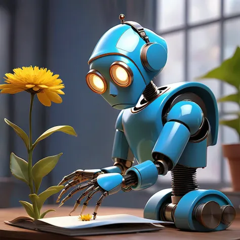 a clock work robot, humanoid, picks a flower and studies it