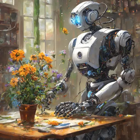 a clock work robot, humanoid, picks a flower and studies it