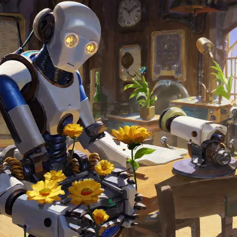 a clock work robot, humanoid, picks a flower and studies it