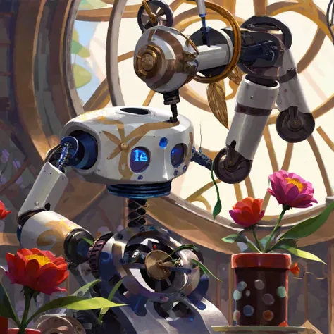 a clock work robot, humanoid, picks a flower and studies it