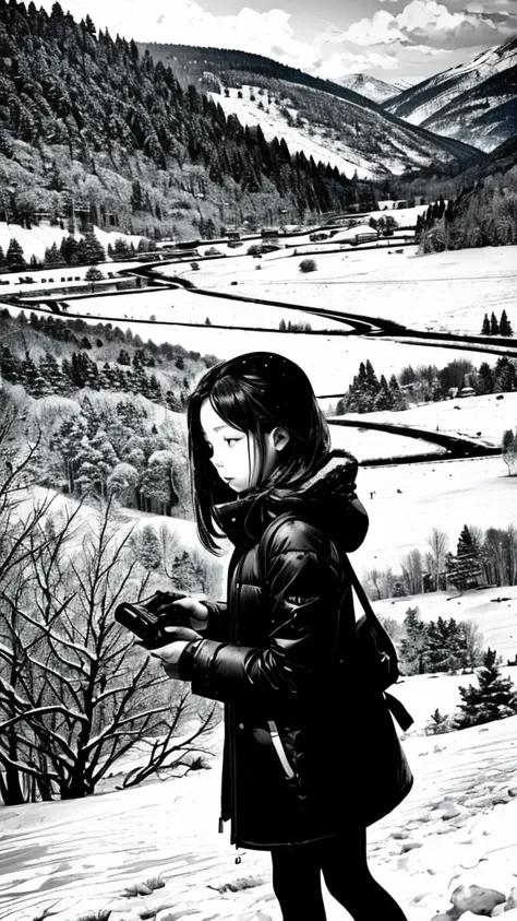 black and white photography、a girl is playing、beautiful snowy scenery