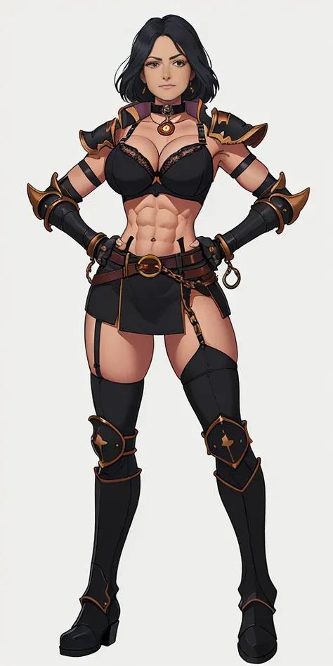 (Plain background) Female full body standing straight symmetrical looking to the viewer RED full body armored (handcuffs, shackles, rerebrace, faulds, poleyn, gauntlets, leather collar choker, gloves, gauntlets, high boots bootstraps, black stockings) 2 cr...